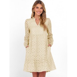 Caracilia Long Sleeve Dress for Women V Neck Hollow Out Eyelet Casual Fall Boho Flowy Swing Tiered Mini Vacation Dresses Small