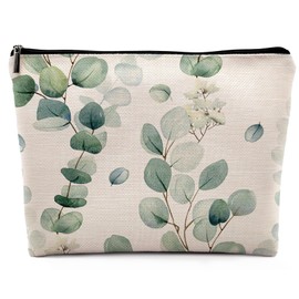 Dwept Sage Green Eucalyptus Leaf Farmhouse Cosmetic Bag,Watercolor Natural Spring Leaves Makeup Bag Zipper Cosmetic Pouch Bag Travel Linen Makeup Organizer,Green Foliage Gifts Gift for Women Girls Her