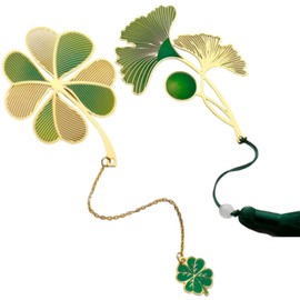 2 Pieces Leaf Bookmarks with Pendant, Special Bookmark for Teacher Kids Metal Bookmark for Loving Readers (Ginkgo, Four Leaf Clover)