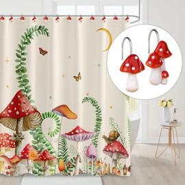 Sunlit Mushroom Decorative Shower Curtain Hooks, Cute Shower Curtain Rings for Bathroom, Resin, Cottage Decor Shower Curtain Hanger Hooks for Kids, Set of 12, Red