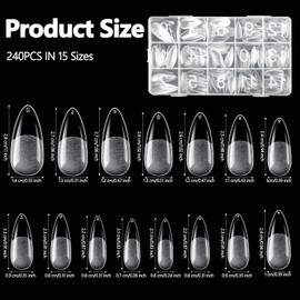 LLMSIXI 240PCS Nail Tips, Medium Almond Press on Nails with Storage Box Half Matte Full Cover Nail Tips False Clear Nail Tips for Extension Nail Salon Home Art DIY(15 Sizes)