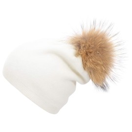 EASTER BARTHE White Cashmere Beanie Hat for Women White Winter Slouchy Beanie Hat with White Pom Pom Beanie Hat Ski Beanie Stocking Cap Hat
