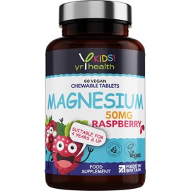 Kids Magnesium Tablets for Sleep, Anxiety and Ticks, 50mg Chewable Raspberry Flavour Magnesium for Kids, Vegan Society Registered Tablets not Gummies, 2 Months Supply - Made in The UK by YrHealth
