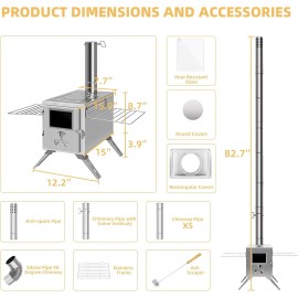 NAIZEA 83" Tent Stove Portable Camping Wood Stove Burning Stove &7 Chimney Pipes