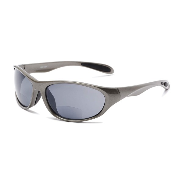 Readers.com Reading Sunglasses: The Zeek Bifocal Reading Sunglasses Plastic Sport & Wrap-Around Style for Men and Women - Glossy Grey with Grey, 1.00