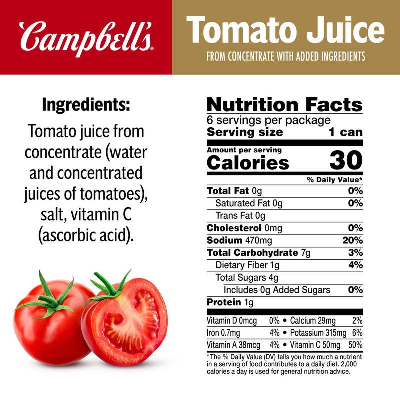 Campbell's 100% Tomato Juice, 5.5 fl oz Can (6 Pack)