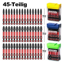 Geinxurn Pozidriv Impact Resistant Screwdriver Bits Set, 45 Pieces, 50 mm Magnetic (PZ1/PZ2/PZ3) S2 Steel Multi Driver Bits with Storage Colourful Box