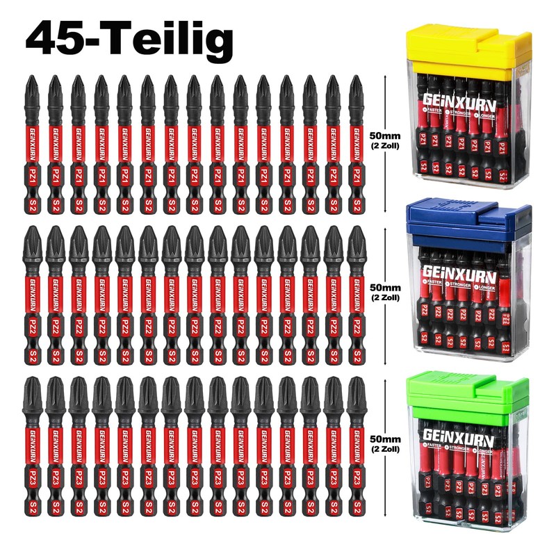 Geinxurn Pozidriv Impact Resistant Screwdriver Bits Set, 45 Pieces, 50