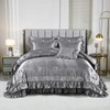 Grey Satin Comforter Set with Sheets,Silk Like Satin Ruffle Bed