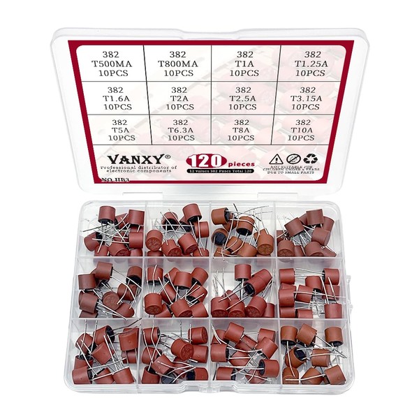 12Values 382 Round Fuse Kits 120Pcs 250V Slow Blow T0.5A