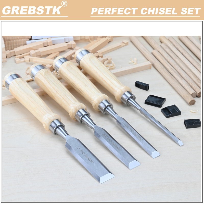 GREBSTK 11in Wood Chisel Set for Woodworking, 4pcs Chrome Vanadium
