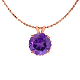 Solid 10K Rose Gold 7mm Round Cut Genuine Purple Amethyst February Birthstone with Bead Frame Rabbit Ear 18" Rope Chain Necklace | 10K Gold Amethyst Necklace For Women