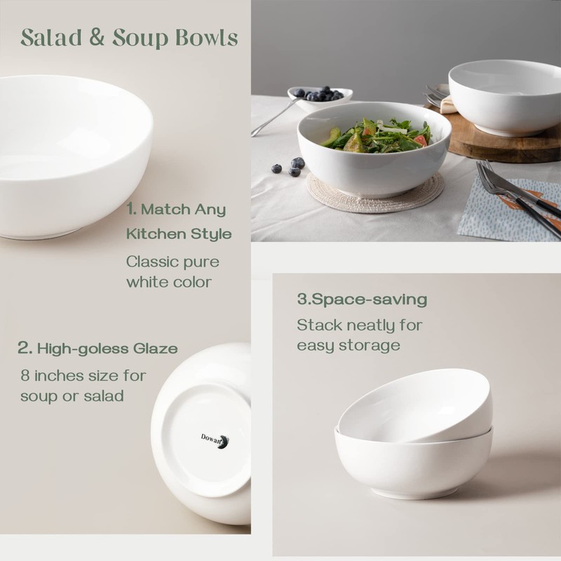 DOWAN Salad Bowls, Large Pho Bowls, 8" White Centerpiece Bowls