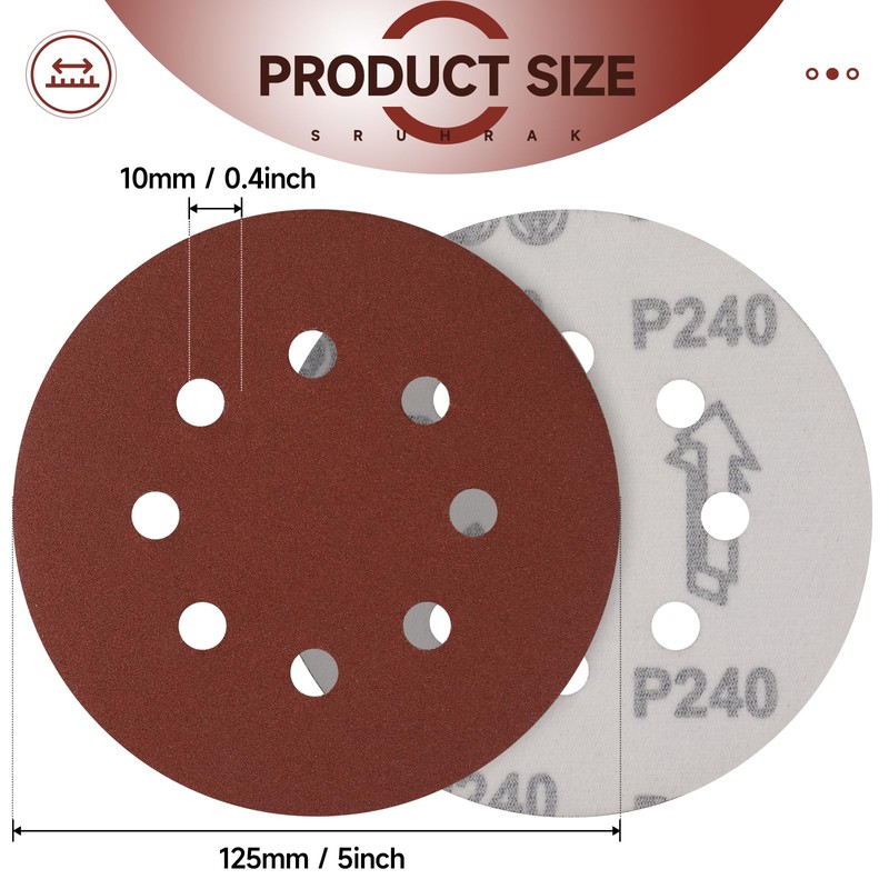 Sruhrak Sanding Discs 125 mm Velcro 8 Hole 240 Grit