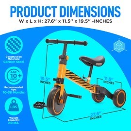 3 in 1 Kids Tricycles - Balance Training Bike Convertible Toddler Walker Riding Toys for 10 Month to 3 Year Old Boys Girls w/Removable Pedals, Carbon Steel Frame, Adjustable Seat Height (Tiger)