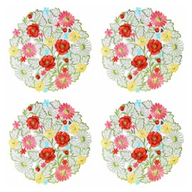 Flower Placemats Set of 4 Embroidered Flowery Table Place Mat Floral Cutwork Table Doily Home Kitchen Dining Spring/Summer Tabletop Decoration Red (Placemat 14" Set of 4)