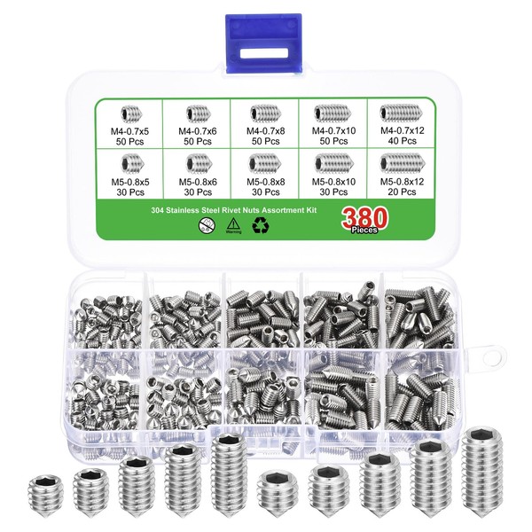 sourcing map 380Pcs Set Screws M4-M5x5/6/8/10/12mm Brass Cone Point Hex