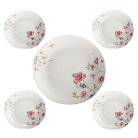 Lorren Home Trends 5 Piece Porcelain Pasta Set, 1 Serving Bowl and 4 Individual Bowls, Floral Design