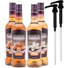Upouria Coffee Syrup Variety Pack, 2 of each - French Vanilla and Caramel, 100% Vegan, Gluten-Free, 750ml Bottles (Pack of 4) with 2 Syrup Pumps