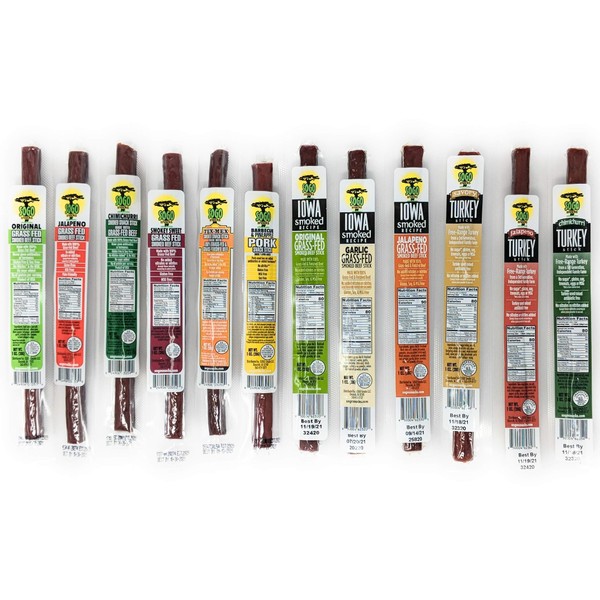 12 Flavor Variety Meat Sticks. No Added Nitrates, Gluten, Soy, MSG, Dairy, Nuts. 8 Grass-fed Beef Flavors, 3 Free-range Turkey Flavors & 1 Natural Pork Flavor (6 of Each, 72-cnt, 1-oz Stick)