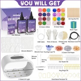 akisey UV Resin Jewelry Making Kit, 200g Crystal Clear UV Resin Kit with Two-Sided Light & Molds, 36W UV Lamp for Resin Curing, Starter Kit for Making Jewelry, Earring, Necklaces, Keychains