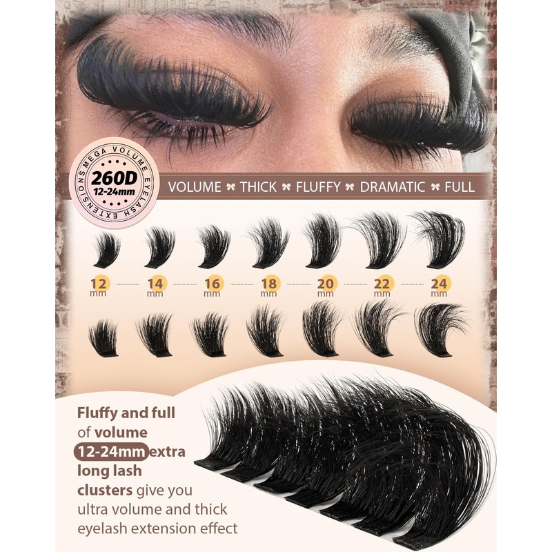 WTVANE 260D Lash Clusters Fluffy Eyelash Clusters 12-24mm Volume Lash
