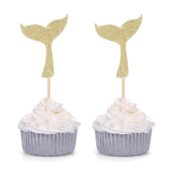 24 unidades de decoración para cupcakes con purpurina dorada con diseño de cola de sirena para fiestas de bebés