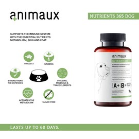 animaux nutrients 365 - Multivitamin Supplement for dogs I Supports Immune System, Vitality, Healthy Skin & Shiny Coat I Essential Vitamins & Minerals I Barf & Raw Food Treats | 60 Chewable Tablets