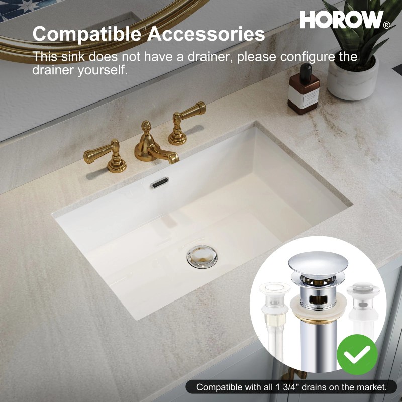 HOROW 24'' White Basin Rectangular Undermount Bathroom Sink w/ Overflow