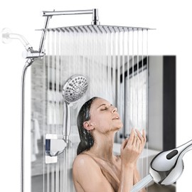 Sperwoesy 12" Rainfall Shower Head with Handheld Combo, High Pressure Dual Showerhead, 10 Settings, Adjustable 16" Arm, 3 Way Diverter, 6ft Hose （Chrome）