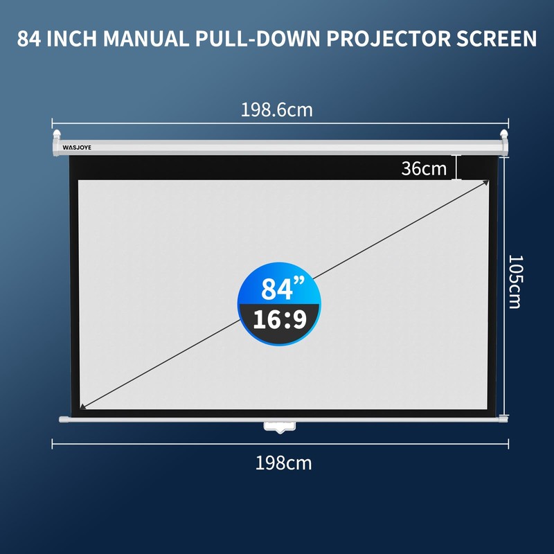 WASJOYE 84'' Projector Screen Manual Pull Down - 16:9 HD