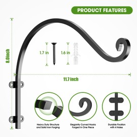 EPHECH 6Pack Heavy Duty Hanging Plant Hanger Hook for Outdoor and Indoor, 12Inch Wall Hangings Basket Bracket, Black Metal Outdoor Bracket Hooks for Hanging Flower Pot Bird Feeder Lanterns