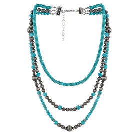 QLYOVWE Navajo Pearl Layered Necklace for Women Boho Turquoise Beaded Choker Necklace Retro Tribe Western Cowgirl Country Jewelry Gift Fashion Accessories (Turquoise 002)