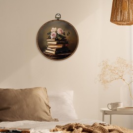 XBBMGG Vintage Book Floral Wall Art Decor, Library Book Club Gifts Round Wall Hanging Decor, Dark Academia Bookish Framed Canvas Prints for Reading Room Dorm Classroom Nursery Decorations, 10x10inch