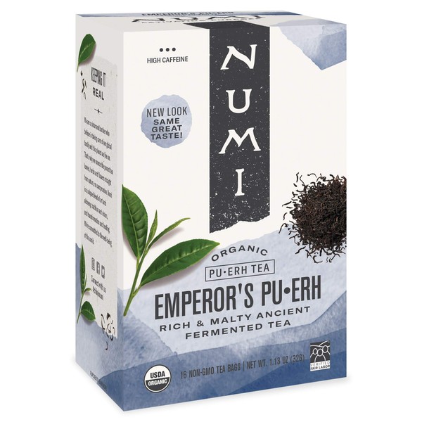 Numi Organic Tea Emperor's Pu-erh, Full Leaf Black Pu-erh Tea, 16-Count non-GMO Tea Bags (Pack of 2)