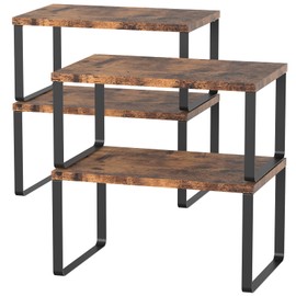 Set of 4 Counter Shelves Kitchen Stackable Cabinet Shelf Wood Organizer Expandable Counter Top Racks Brown Bathroom Counter organizer