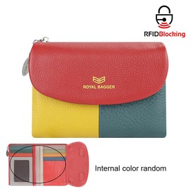 Royal Bagger Color Block RFID Short Wallet Genuine Leather Multi Card Slot Card Holder Trifold Wallet Magnetic Opening 205 3, Red