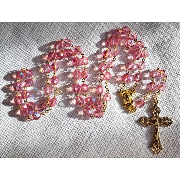 Rose Pink AB Czech Crystal Rosary in Gold