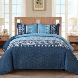 WONGS BEDDING Blue Quilt Set Queen,Boho 3 Pieces Bedspread Coverlet Set with Geometry Printed for All Season,Lightweight Morden Bohemian Bedding Set 96"×90"
