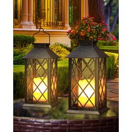 Otdair Solar Lanterns Outdoor Waterproof, 2 Pack Solar Lantern with Glass Retro LED Flickering Flameless Candle,Lanterns Decorative Outdoor for Gift, Yard, Garden, Patio, Balcony,Porch, Party