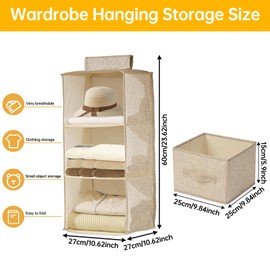 FALSKT Hanging Closet Organizers with Removable Drawer 3 Shelves Wardrobe Hanging Storage Foldable Hanging Closet Shelves Storage for Living Room Bedroom, 11x11x24inch(Beige)