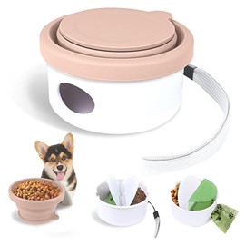 Dog Travel Bowls Collapsible 3 in 1 Design Dog Feeding Bowl Outdoor Traveling Cup Feeder Treat Container with Bowl&Dog Poop Bag Holder, Foldable Feeding Watering Dish for Walking Travel, Pink