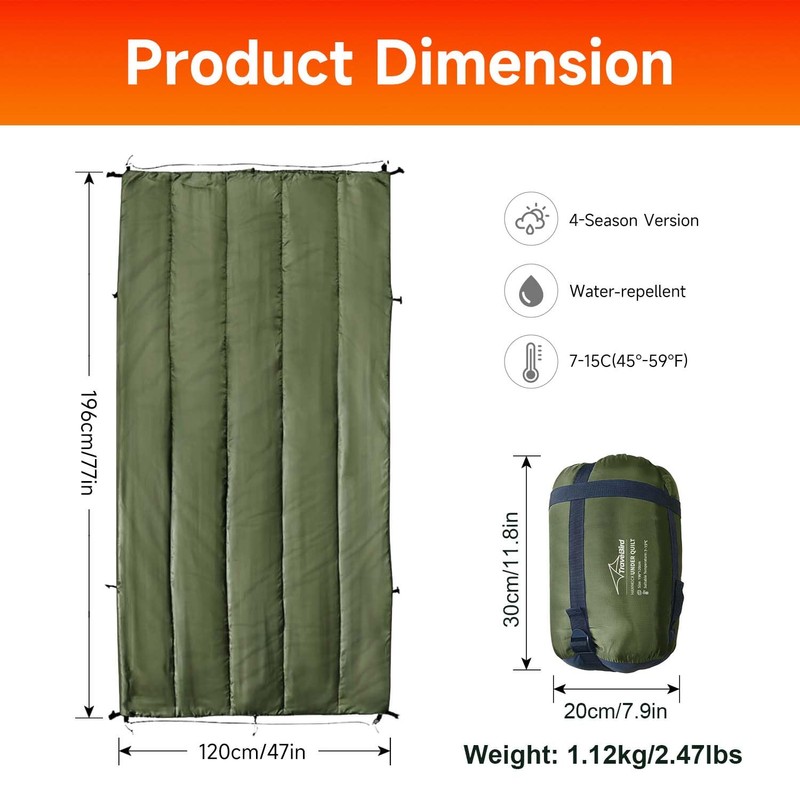 Travel Bird Hammock Underquilt for Camping Hammock, Warm Insulation Ultralight
