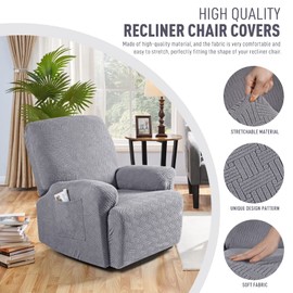 KinCam Recliner Covers, Stretch Reclining Chair Covers, Recliner Sofa Slipcovers Stripe Jacquard Recliner Couch Covers Furniture Protector Covers for Pet Kid (1 Seater, Light Gray)