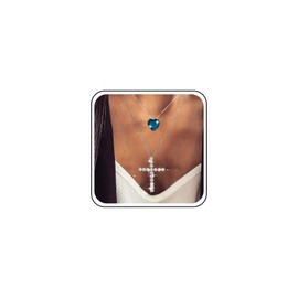 TseenYi Sapphire Heart Cross Necklace Layered CZ Cross Pendant Necklace Blue Crystal Heart Pendant Necklace Silver Pave Rhinectone Crucifix Necklace Jewelry for Women and Girls