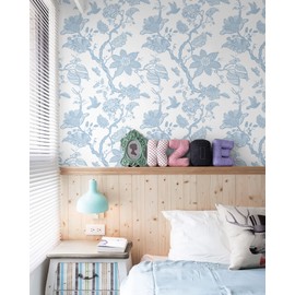 Micpolo Peel and Stick Wallpaper Floral Wall Paper Modern Contact Paper Boho Bedroom Bathroom Wallpaper Peel and Stick Blue and White Removable Self-Adhesive Wall Decor Vinyl Roll 17.3" x 118"