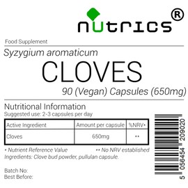 Nutrics® 650mg Clove 100% Pure 90 V Capsules (1 Month Supply) - Cloves Syzygium aromaticum - Suitable for Vegan Vegetarian Halal & Kosher