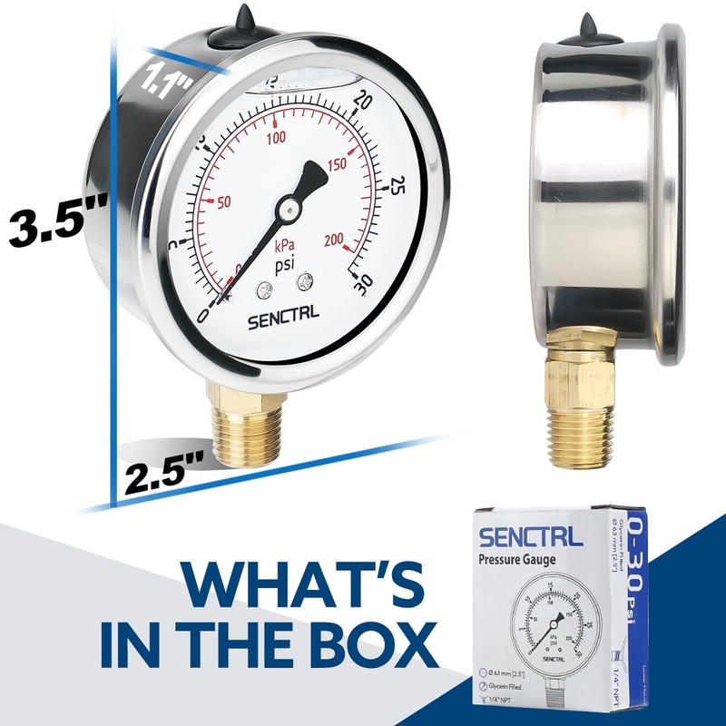 SENCTRL 0-30 PSI Glycerin Liquid Filled Low Pressure Gauge, 2.5"