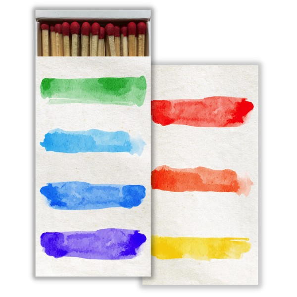 Watercolor Brush Strokes Decorative Match Boxes with Wooden Matches - Great for Lighting Candles, Fireplaces, Grills and More | Set of 6