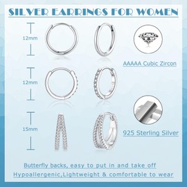 Zolkamery Silver Hoop Earrings, 925 Sterling Silver Hoop Earrings Set for Women, White Gold Hypoallergenic Sleeper Huggie Hoops Earring Set with Zircon, Small Unisex Multi 3 Piercing Earring in 12mm
